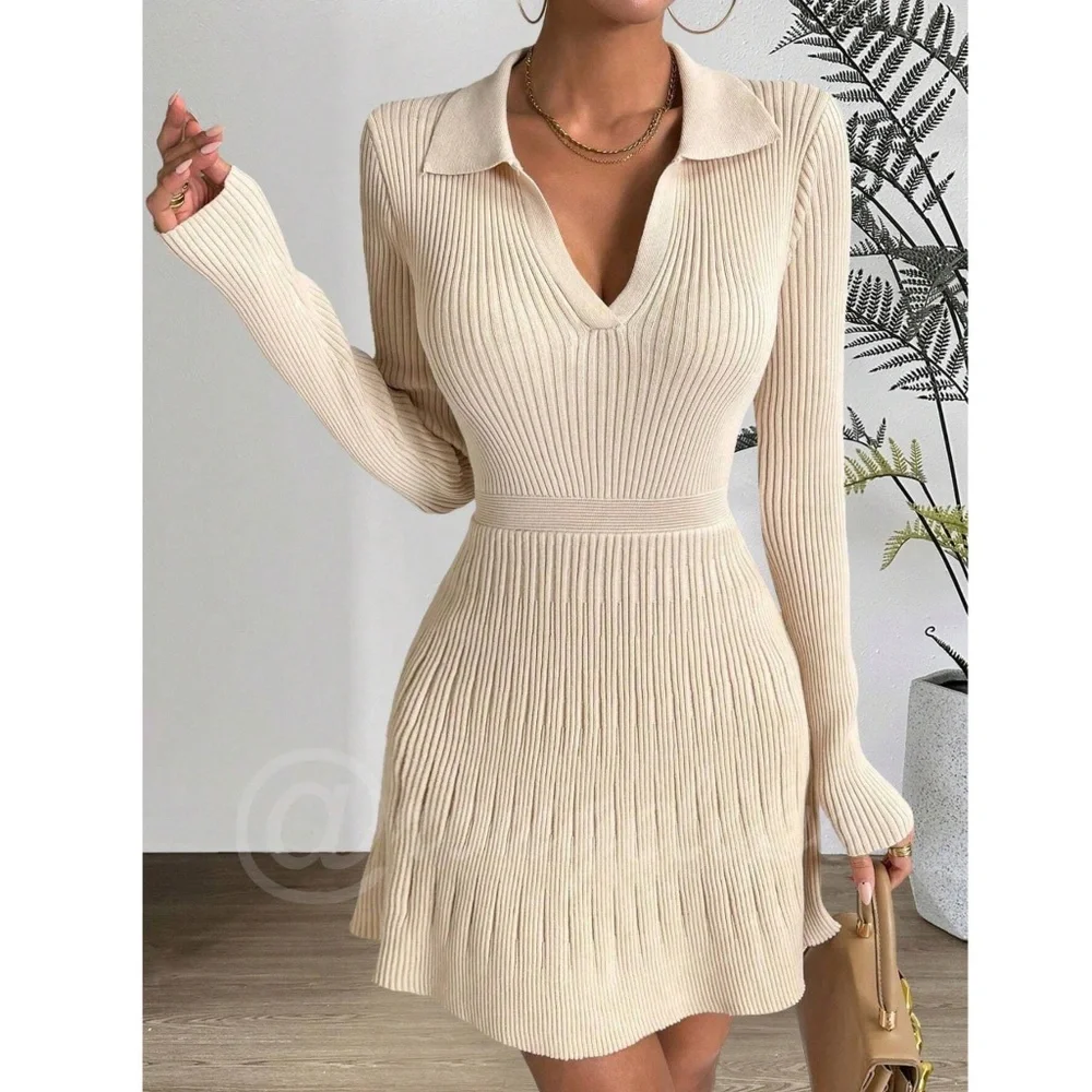 Beige Rib Knit Ruffle Hem V-Neck Mini Dress Collared Long Sleeve Stretchy - Picture 1 of 8